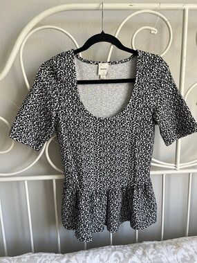 Maeve Black and White Leopard Scoop Neck Peplum Top